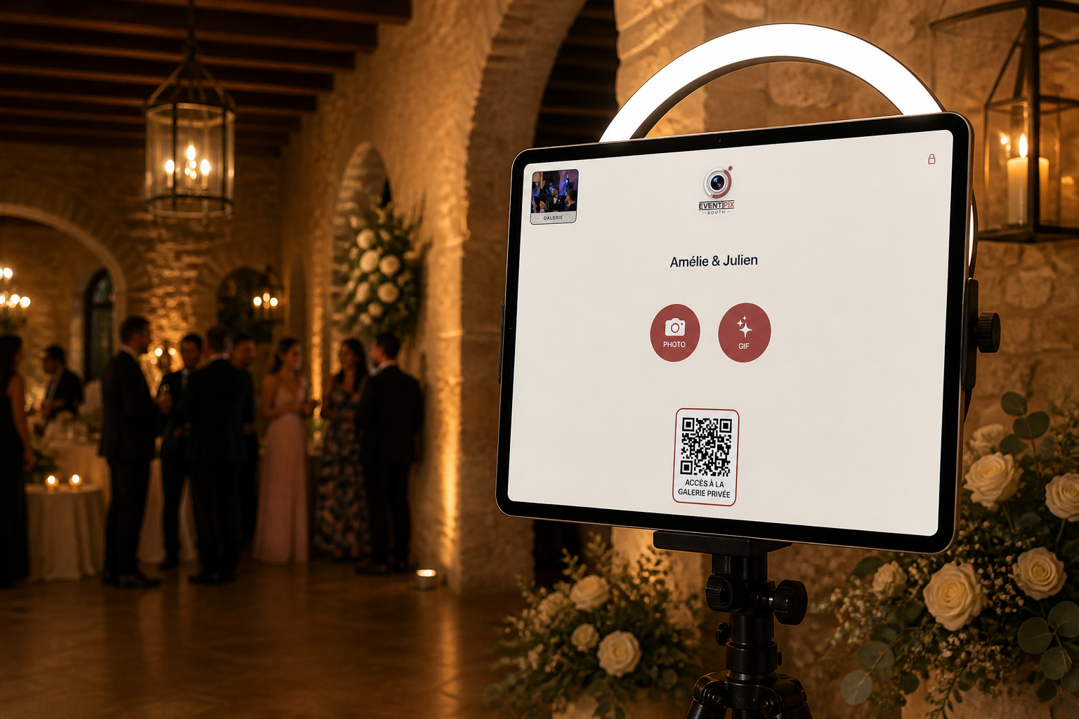 iPad installé comme borne photo Eventipix Booth lors d’une réception de mariage